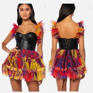 Akira Colorful Ruffled Dress with 'leather'